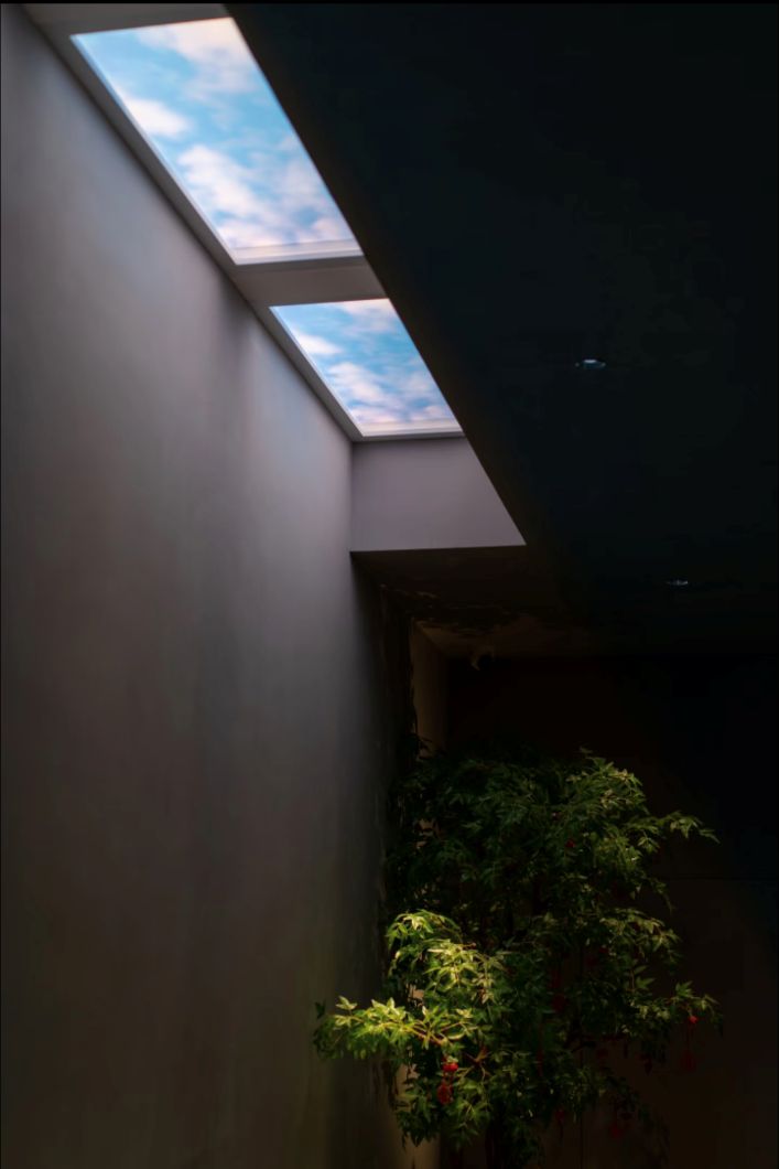 Two slim 300x600mm blue sky skylights above a covered outdoor courtyard walkway, giving a sheltered garden path a bright, sky-lit ceiling without a full roof opening.