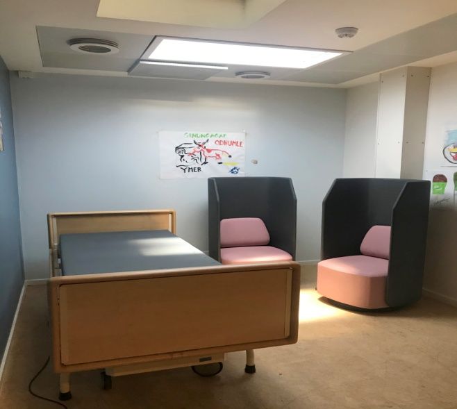 Second angle of the same mental health patient room, showing the skylight above the bed and pod seating.
