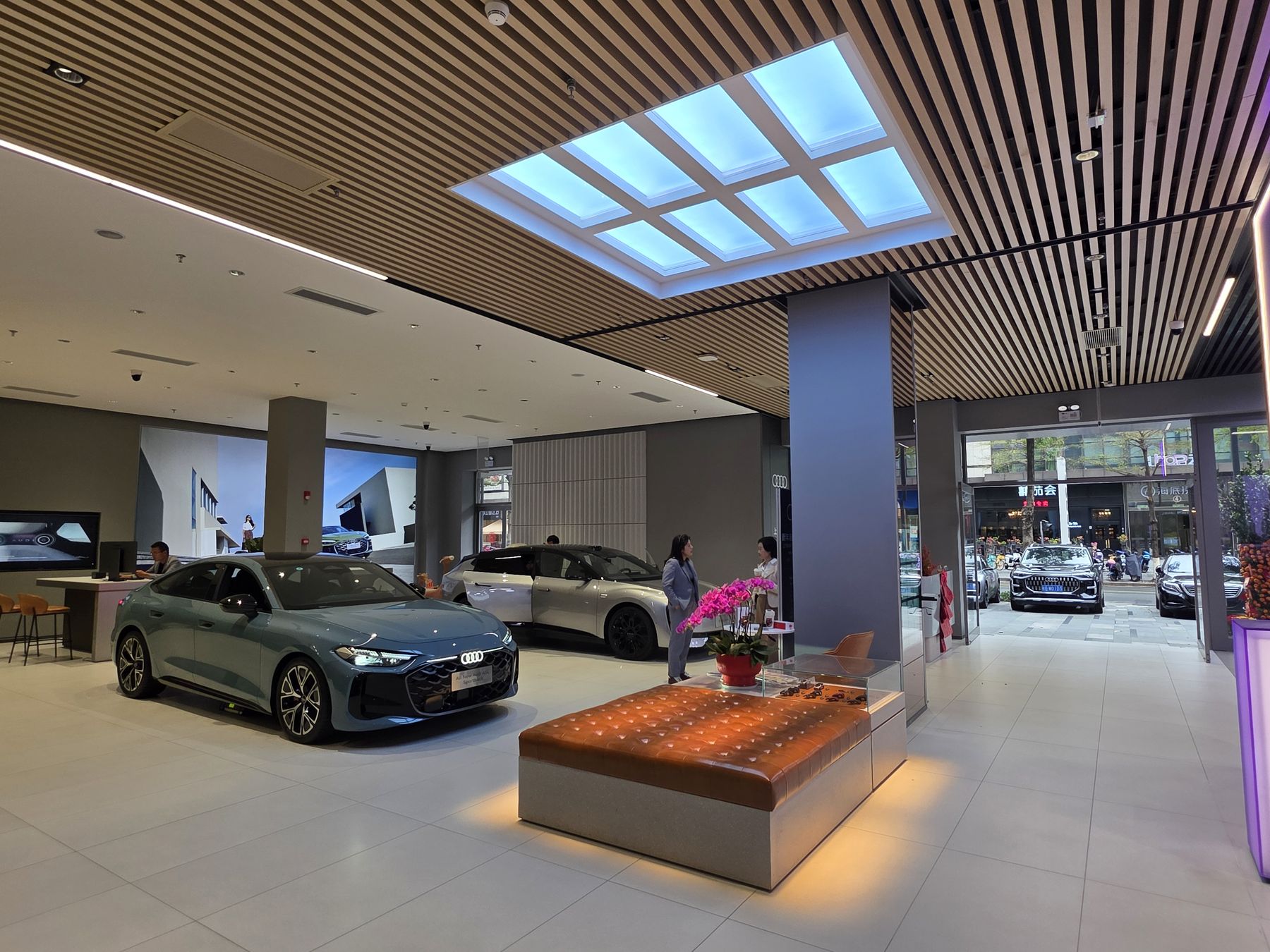 Second view of the same car showroom, with the 1200x600mm skylight lighting the display floor and customer lounge area.