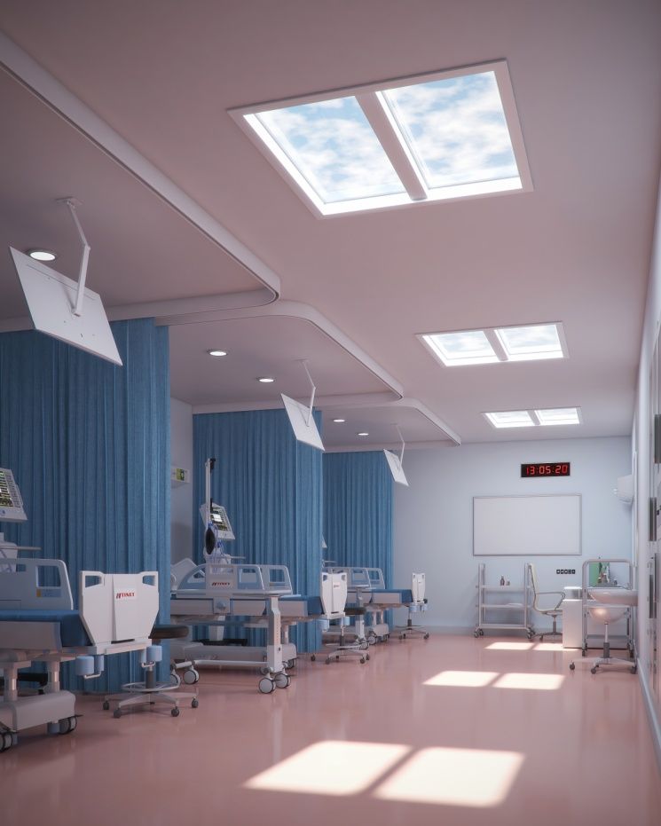 Three 1200x600mm static cloud skylights along a curtained hospital ward aisle concept render, bringing daylight into a windowless ward corridor to support patient wellbeing and staff alertness. For the example light output down the corridor is the main priority so static cloud is used instead of dynamic sky, if the skylights were positioned within the patient areas then we would use dynamic sky for enhanced mood and circadian effects.