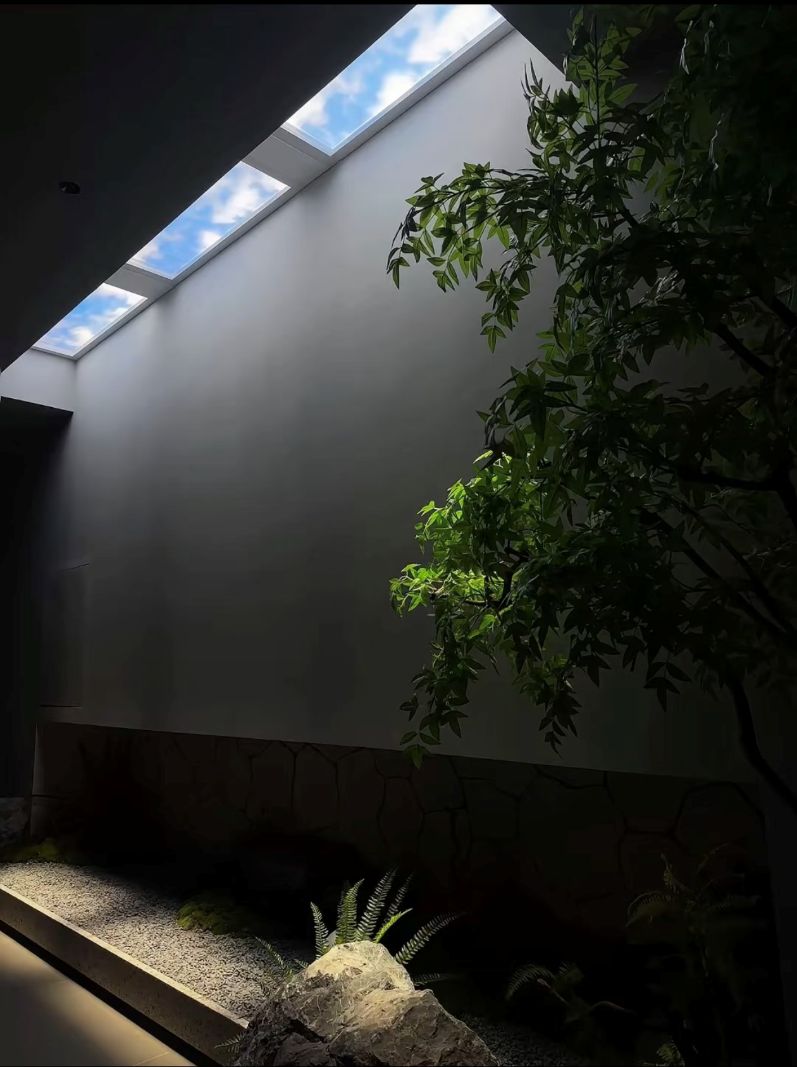 Third angle of the same courtyard walkway, taken further along the path, showing how the slim skylights read against the rendered wall and garden below.