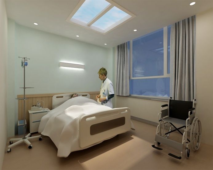 1200x600mm static cloud skylight above a single hospital patient bed concept render, giving the patient a daylight view that supports circadian rhythm and mood while a nurse attends. As a dynamic sky panel, it also offers slow-moving clouds, an optional starry night mode after dark, and an adjustable colour temperature from crisp all-white daylight through to a warmer all-warm tone, letting the space be tuned through the day and evening rather than staying fixed like a static image.