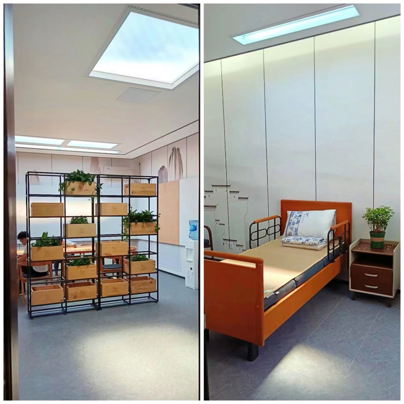 Paired photo showing a 1503 blue sky and a 1212 dynamic sky within a patient area of a private hospital, both giving daylight to spaces without outdoor windows. As a dynamic sky panel, it also offers slow-moving clouds, an optional starry night mode after dark, and an adjustable colour temperature from crisp all-white daylight through to a warmer all-warm tone, letting the space be tuned through the day and evening rather than staying fixed like a static image.