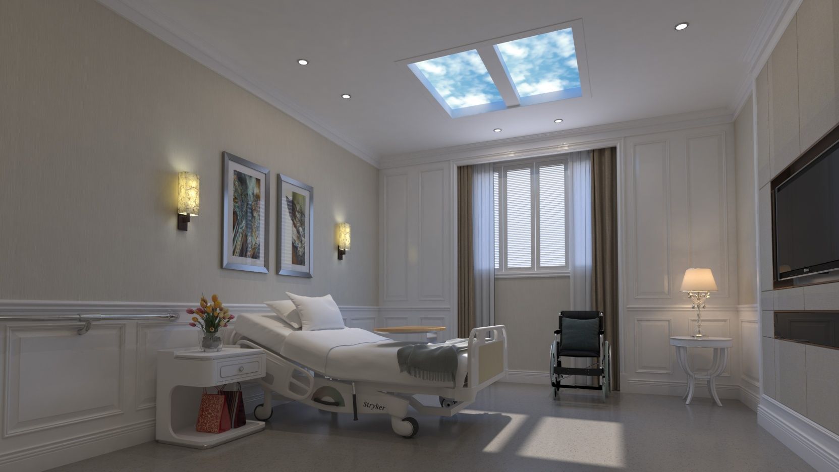 1200x600mm dynamic cloud artificial skylights in a hospital patient room concept render, positioned above the bed to bring hyper realistic daylight into the space. The moving clouds further support the patient's circadian rhythm, especially effective for those experience delerium or dementia, and also double as a light-therapy during recovery (however static cloud is better for light therapy specific applications due to higher light output).
