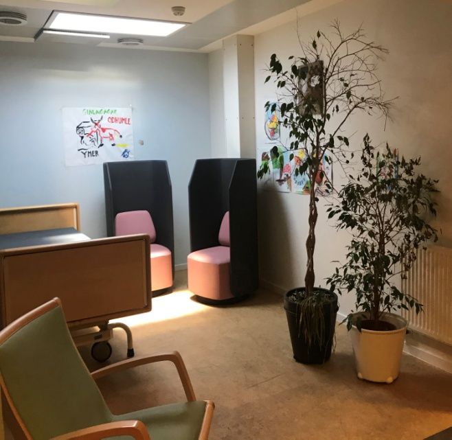 Wider view of the mental health patient room including a wheelchair and indoor plants, with the skylight helping create a calmer clinical environment.