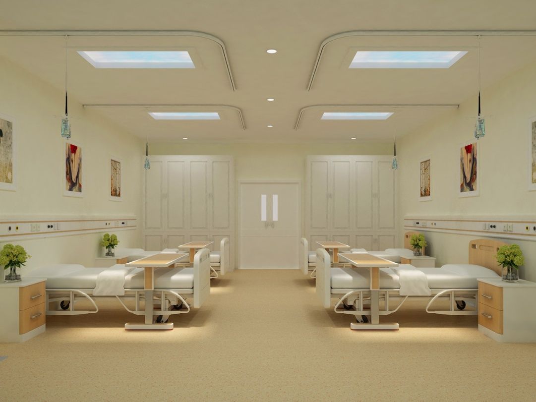 Four 1200x600mm static cloud skylights above a symmetrical four-bed hospital ward concept render, distributing daylight evenly to support recovery across all beds. As a dynamic sky panel, it also offers slow-moving clouds, an optional starry night mode after dark, and an adjustable colour temperature from crisp all-white daylight through to a warmer all-warm tone, letting the space be tuned through the day and evening rather than staying fixed like a static image.