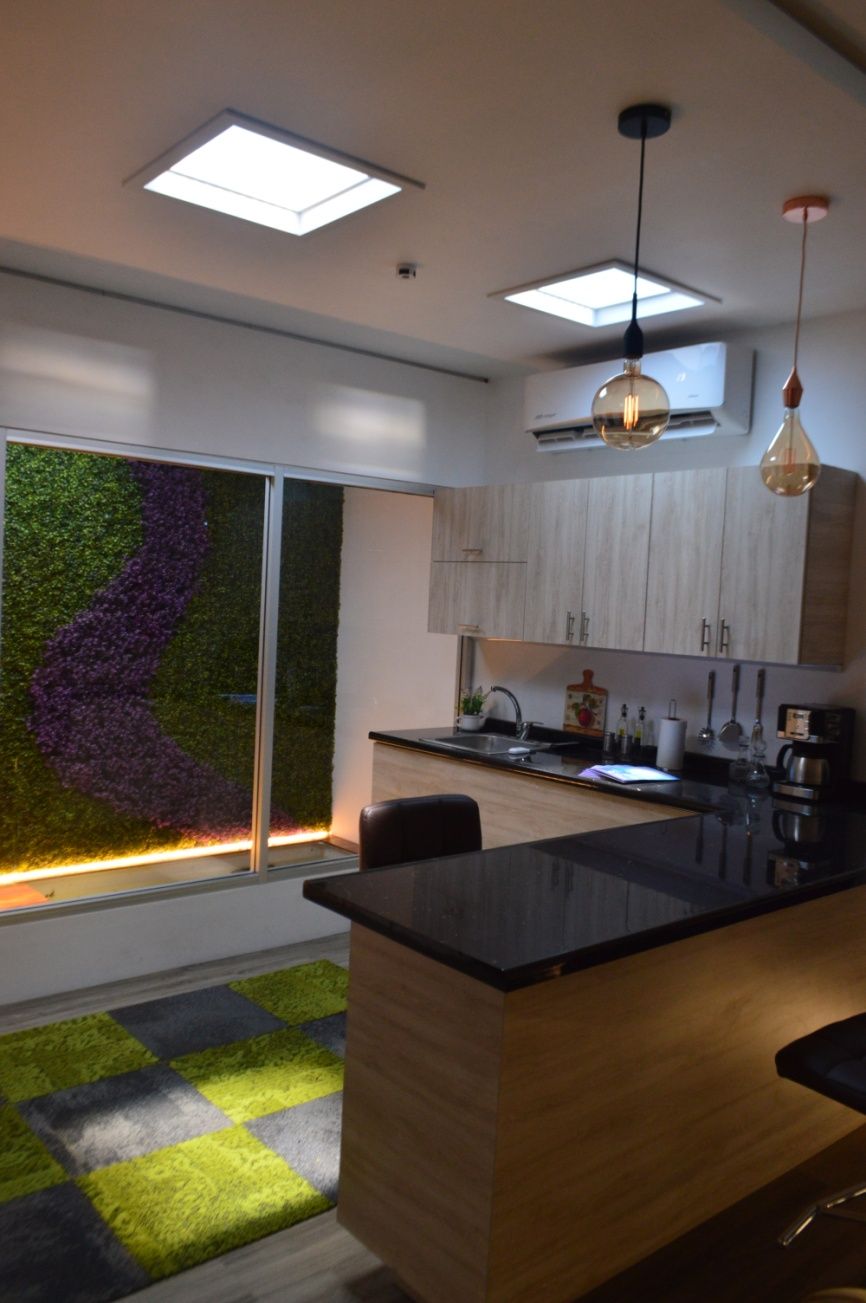 Second angle of the same kitchen and dining area, showing both skylights above the living-wall feature and breakfast bar.
