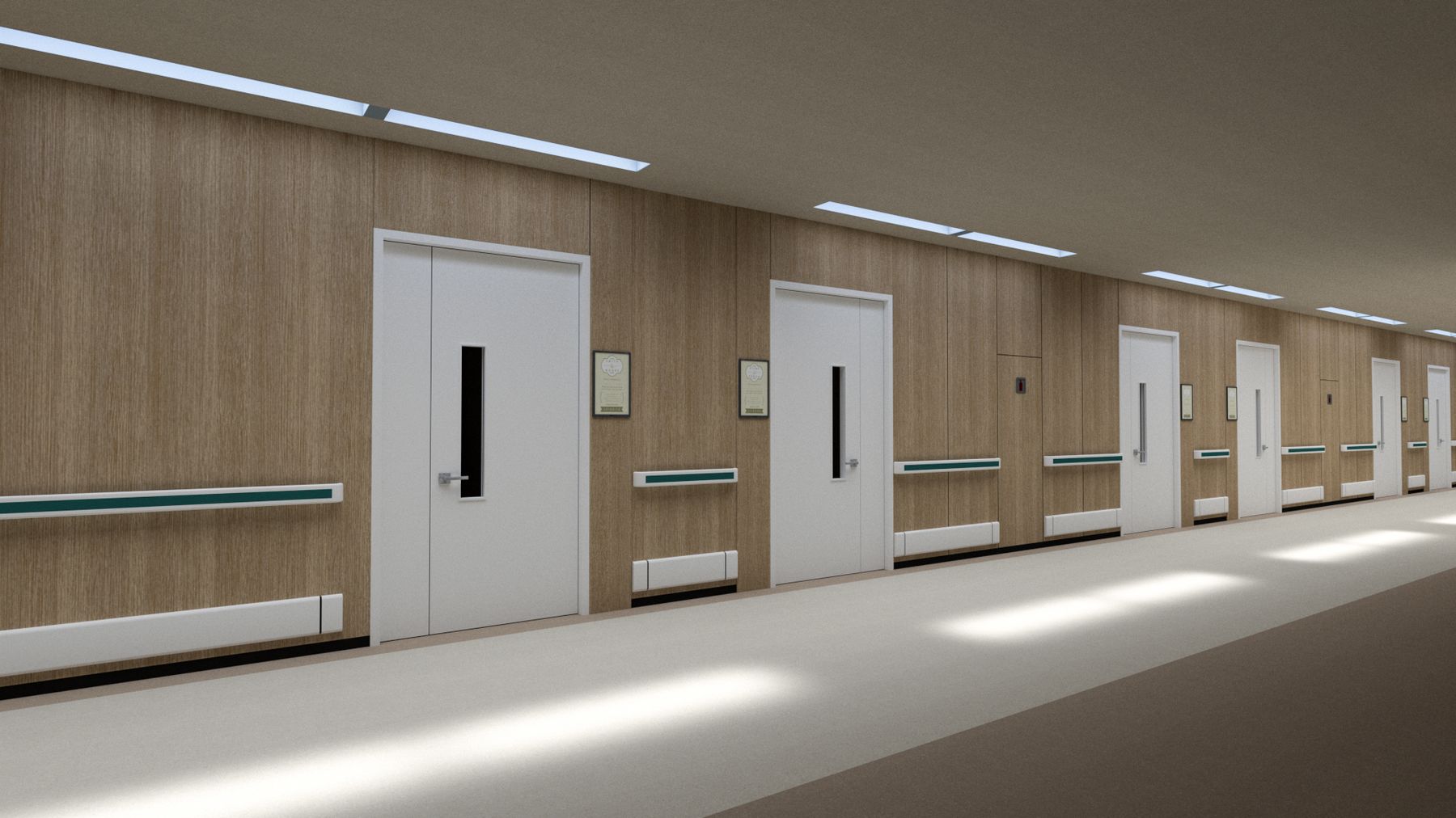 Slim linear artificial skylights along a corridor ceiling