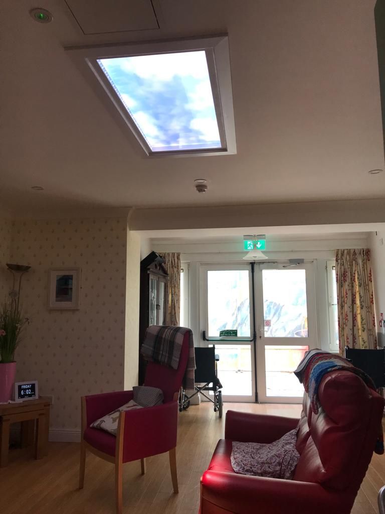 Dynamic sky artificial skylight above a dementia care lounge