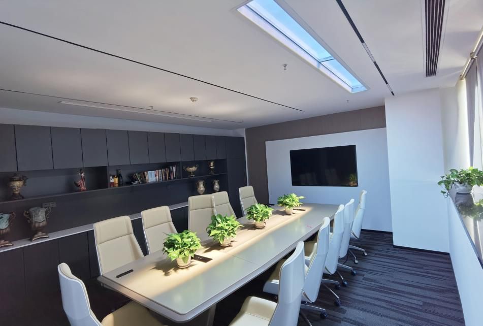 Narrow blue sky skylight above a corporate boardroom, bringing daylight into a windowless meeting space to help keep attendees alert during long meetings.
