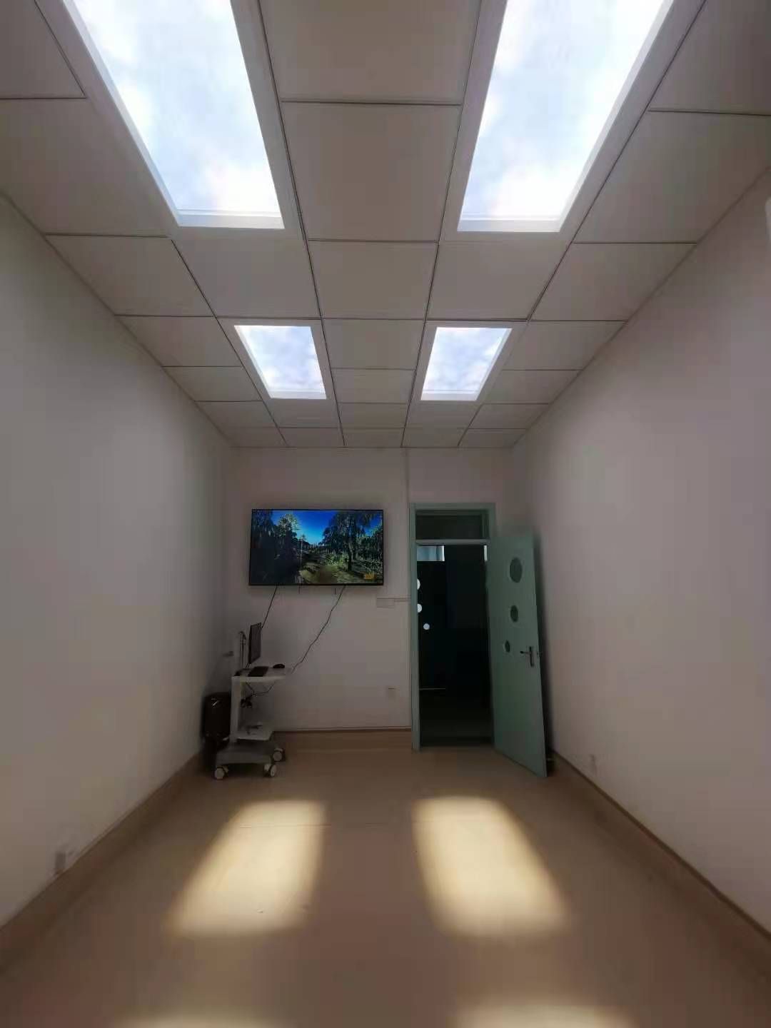 Four static cloud skylights above a hospital therapy corridor housing diagnostic equipment, bringing daylight into a treatment space with no outdoor access.