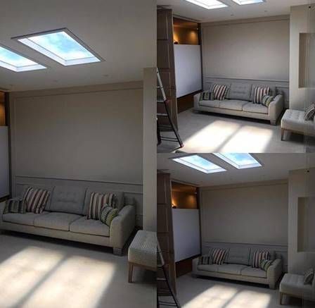 Combined before/after view of a living room skylight installation, showing the fixture alone and then fitted above the finished sofa seating.