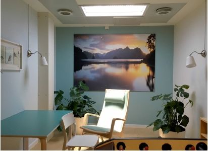 Static cloud skylight above a quiet sitting room in a psychiatric centre, paired with a nature photograph and greenery to support relaxation and mood as part of patient care.