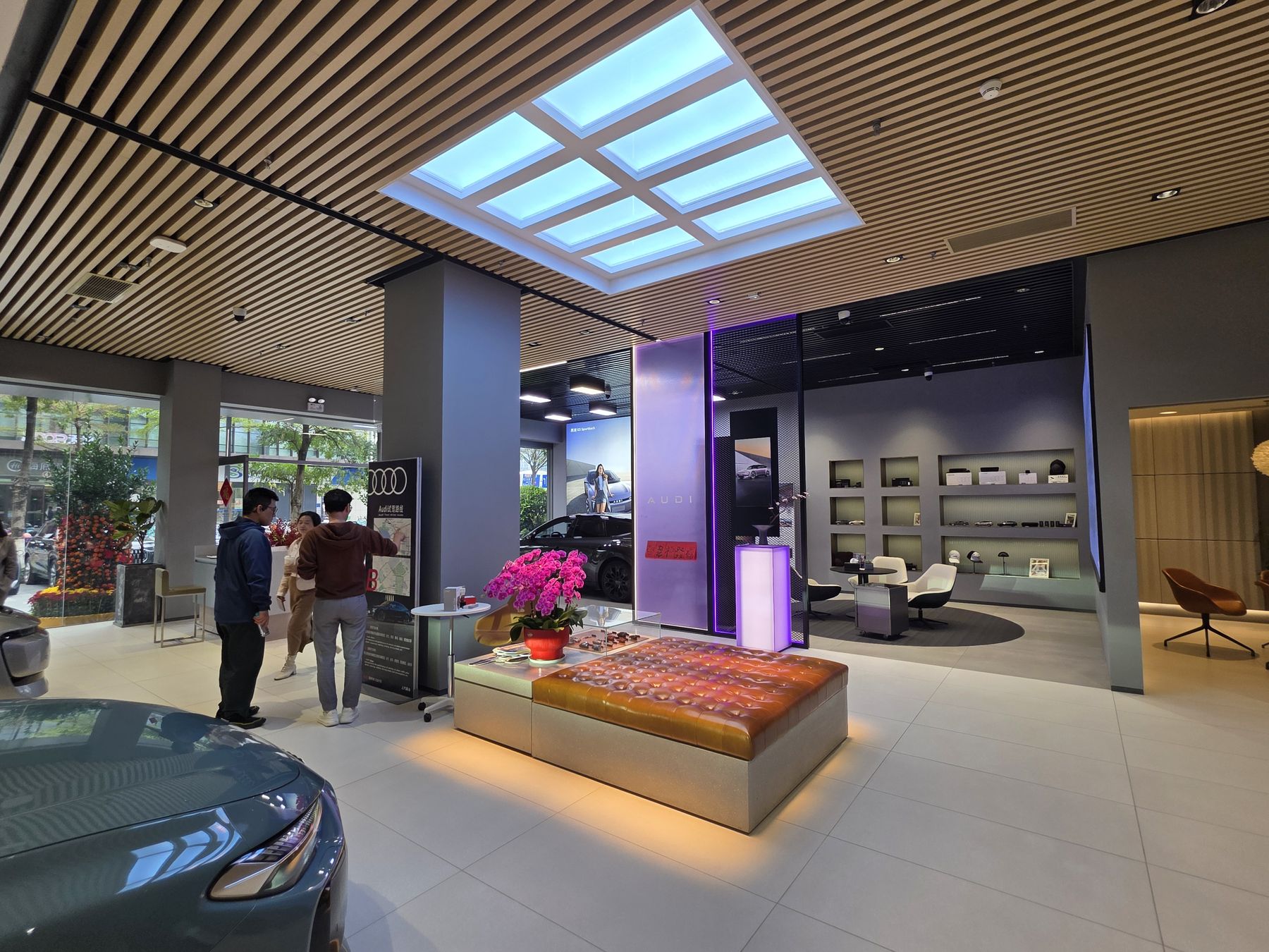 Artificial skylight above a premium car showroom floor