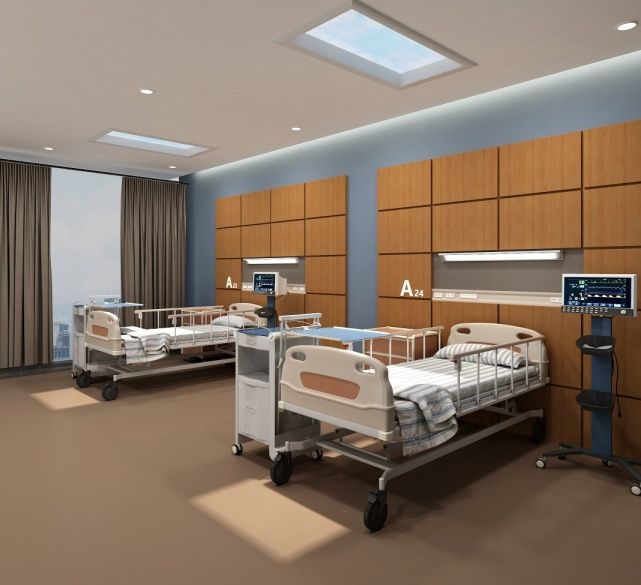 1200x600mm static cloud skylights above a two-bed hospital patient room concept render, supporting circadian rhythm regulation for patients with limited outdoor access and helping improve sleep quality and recovery. As a dynamic sky panel, it also offers slow-moving clouds, an optional starry night mode after dark, and an adjustable colour temperature from crisp all-white daylight through to a warmer all-warm tone, letting the space be tuned through the day and evening rather than staying fixed like a static image.